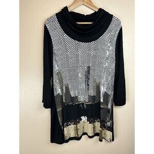 Lior Paris Tunic Top Blouse Skyscraper Landscape Cowl Art To Wear Lagenlook Blac